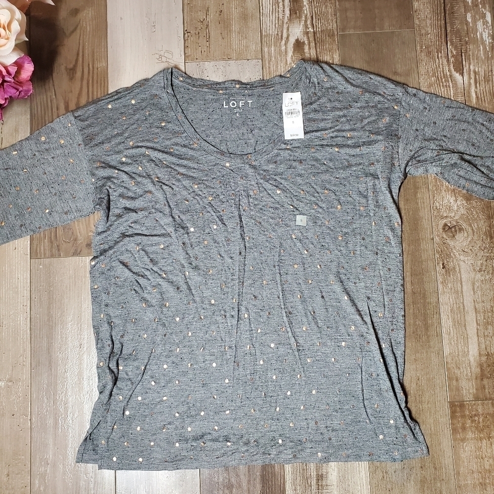 NWT LOFT Gray and Rose Gold Polka Dots 3/4 Sleeve Tee Women's Size Small - Picture 9 of 17